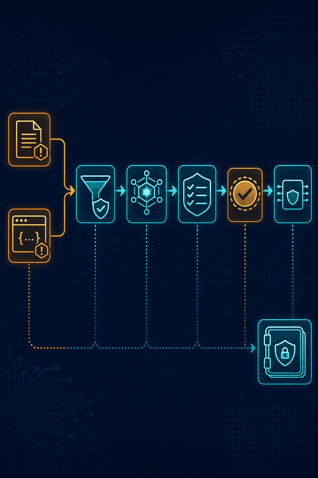 Security flow diagram showing untrusted content passing through validation, an AI agent, a policy gateway, human approval, and a narrowly scoped business API with audit logging
