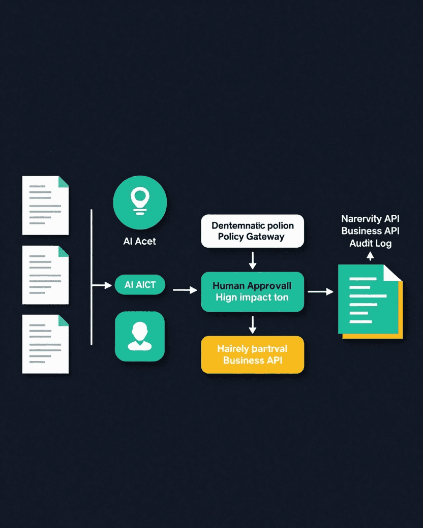 Security flow diagram showing untrusted content passing through validation, an AI agent, a policy gateway, human approval, and a narrowly scoped business API with audit logging