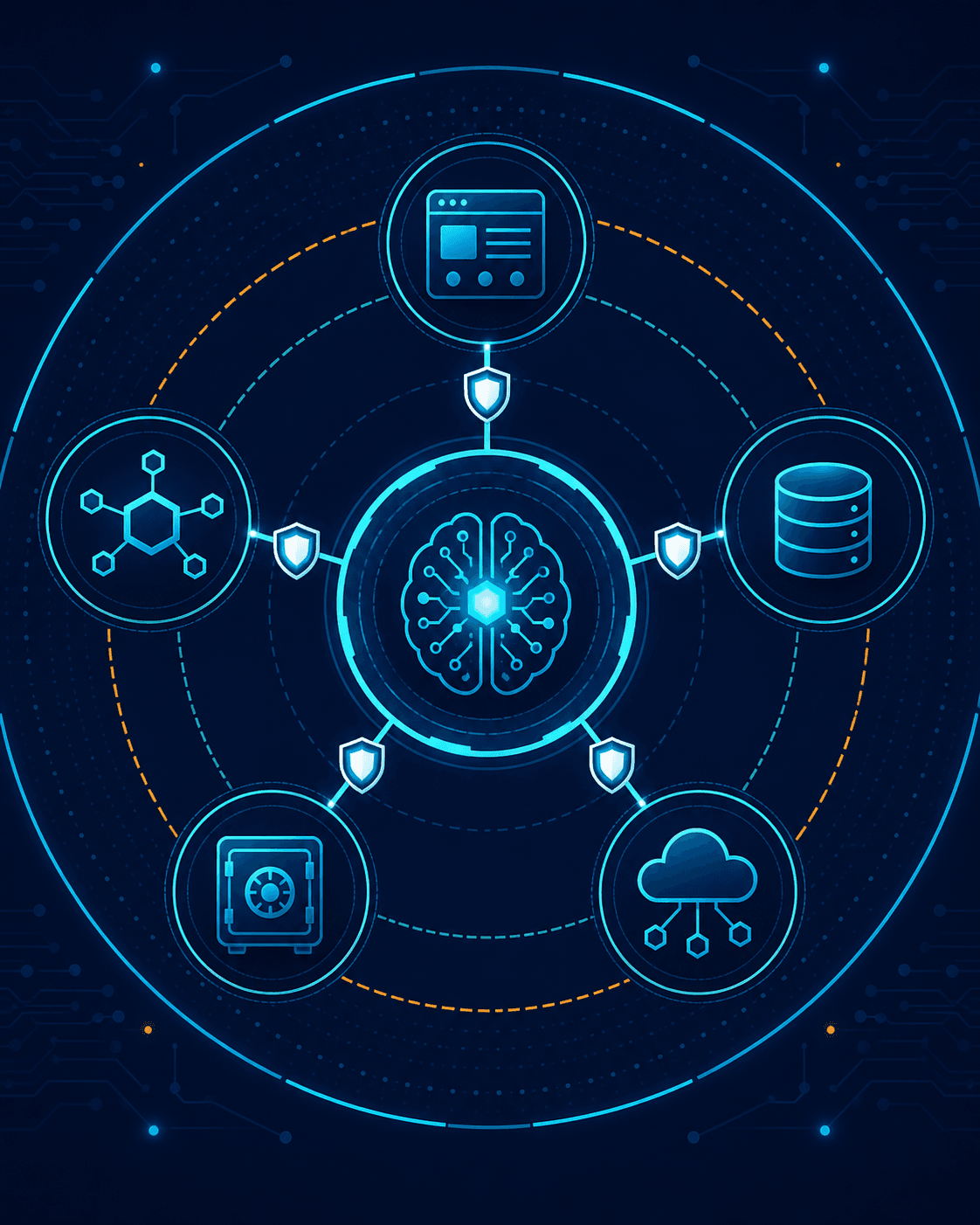 Technical architecture diagram of an AI agent connected to users, internal APIs, business data, a secret vault, and third party services across multiple trust boundaries