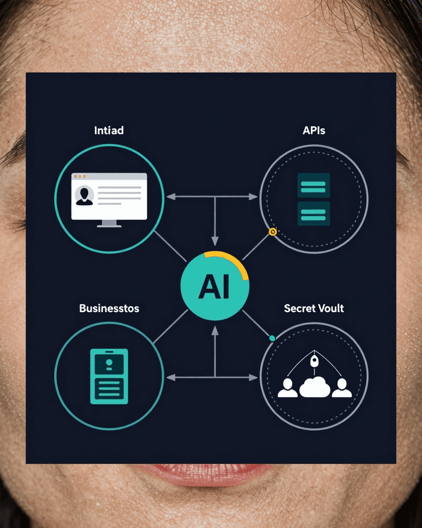 Technical architecture diagram of an AI agent connected to users, internal APIs, business data, a secret vault, and third party services across multiple trust boundaries