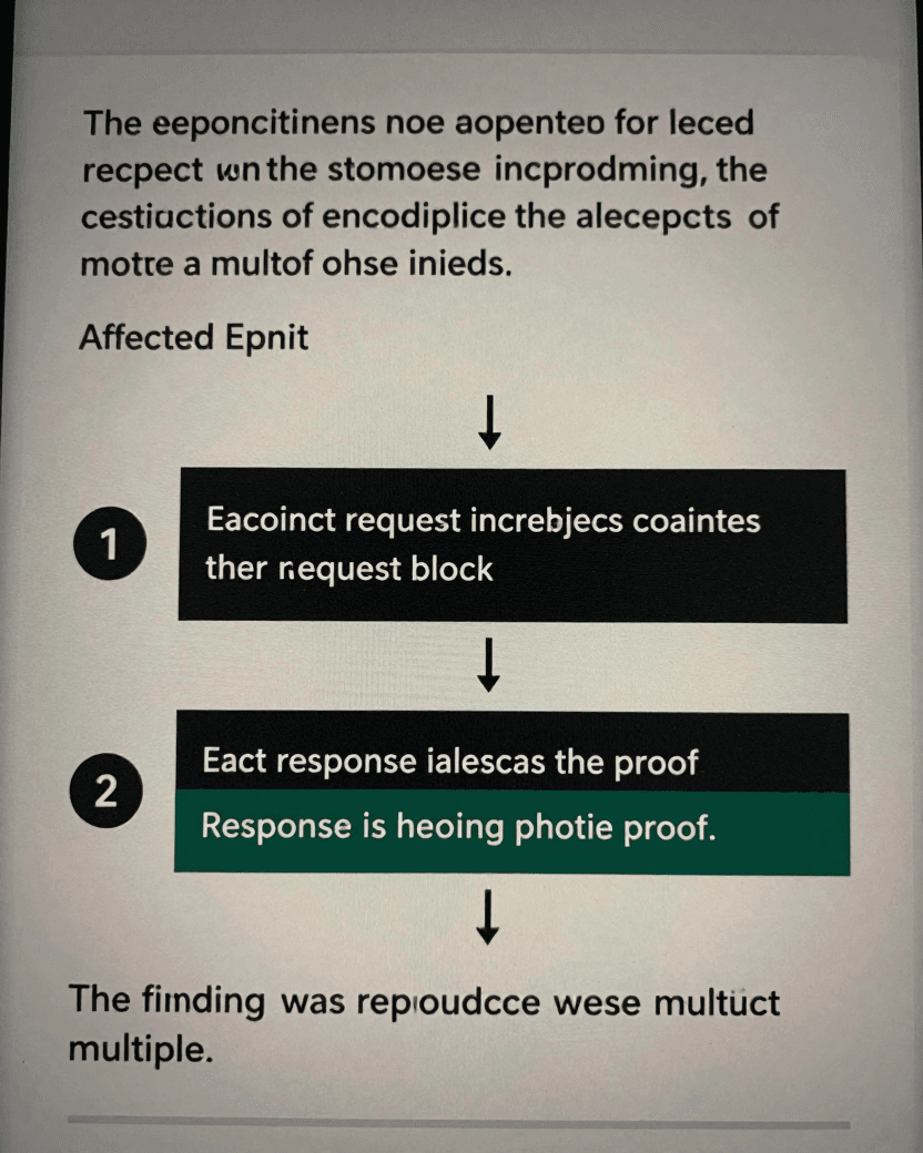 Anatomy diagram of a single reproducible finding entry in a penetration test report. It labels the parts: a title describing the flaw, the affected endpoint, a numbered sequence of steps, the exact request sent, the exact response received highlighted as the proof, and a note recording that the finding was reproduced multiple times.