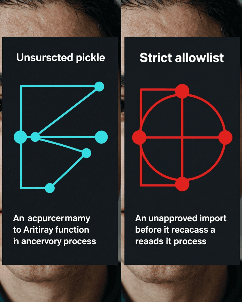 Split technical diagram comparing unrestricted pickle deserialization that can invoke arbitrary functions with allowlisted deserialization that blocks an unapproved import at a security boundary