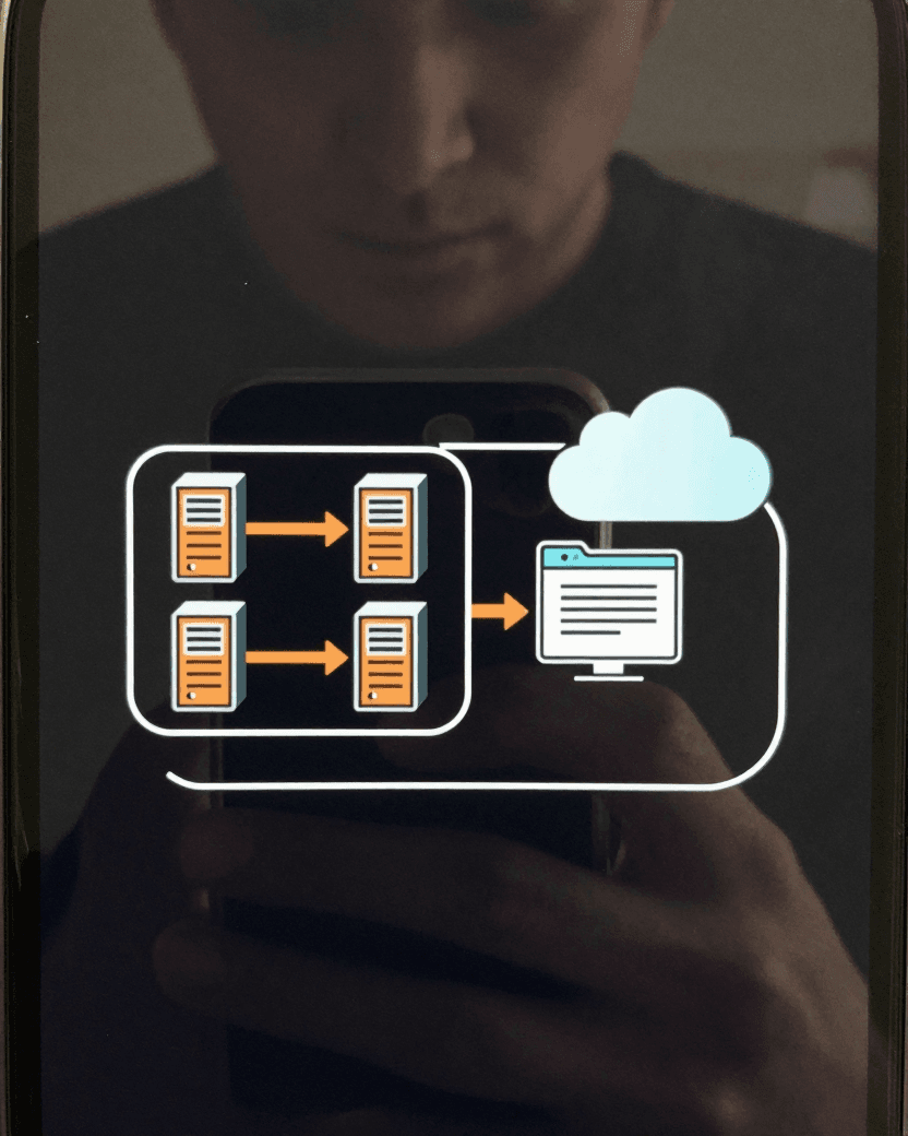 Illustration of a developer workstation drawn as a large box containing several small service icons bound to local ports, with a browser icon inside the same box connected by an arrow to the public internet outside the box, and a return arrow showing external instructions reaching the internal services through the browser.
