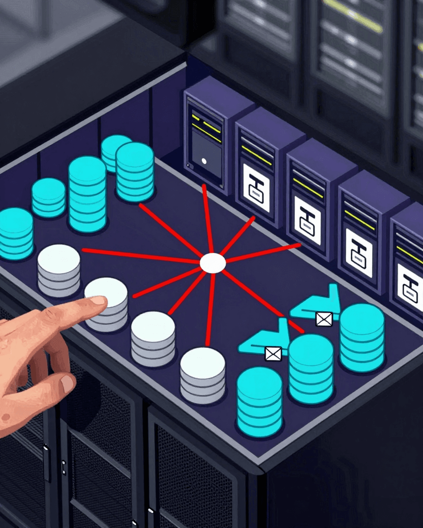 Cutaway illustration of a multi-tenant hosting server where one compromised tenant reaches the root control plane and fans out to other websites, databases, mailboxes, and backups
