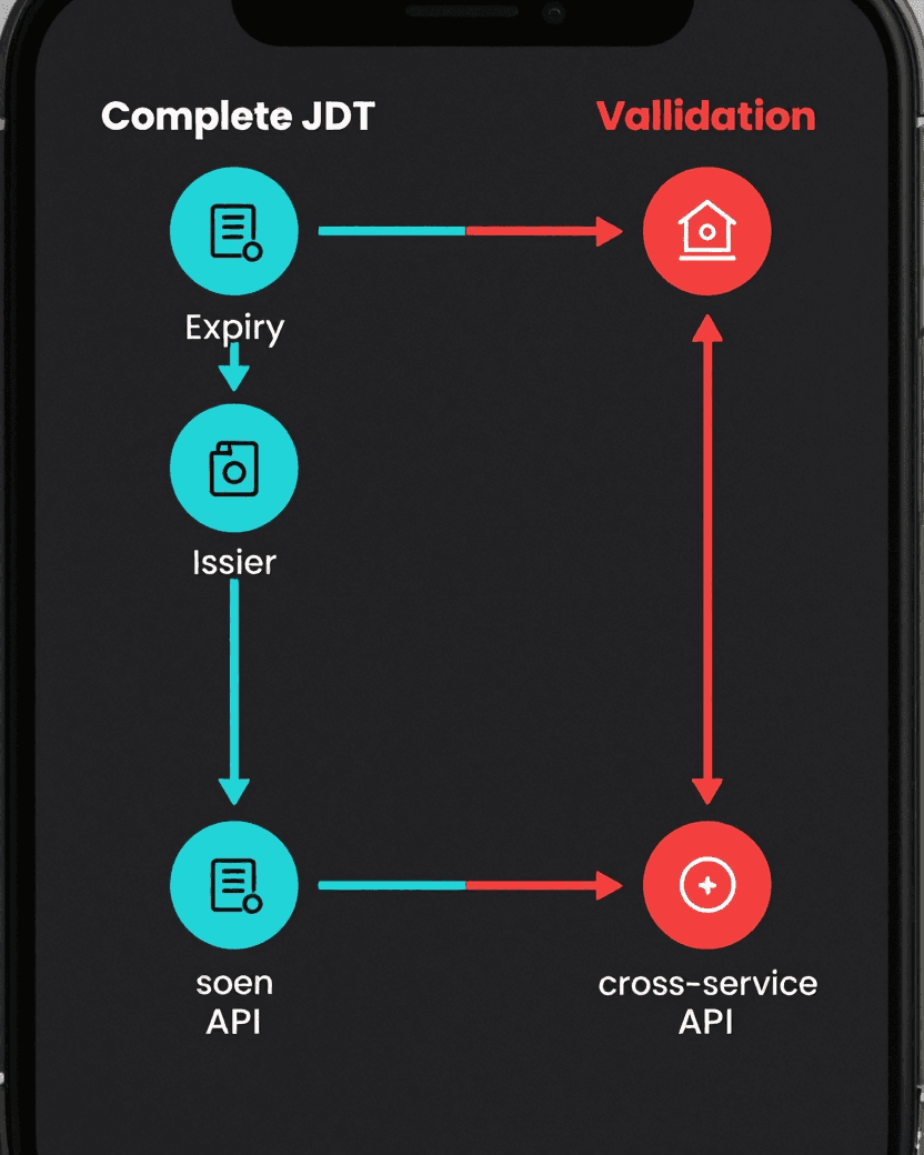 Split security diagram comparing complete JWT validation with signature expiry issuer and audience checks against incomplete validation that checks only signature and expiry