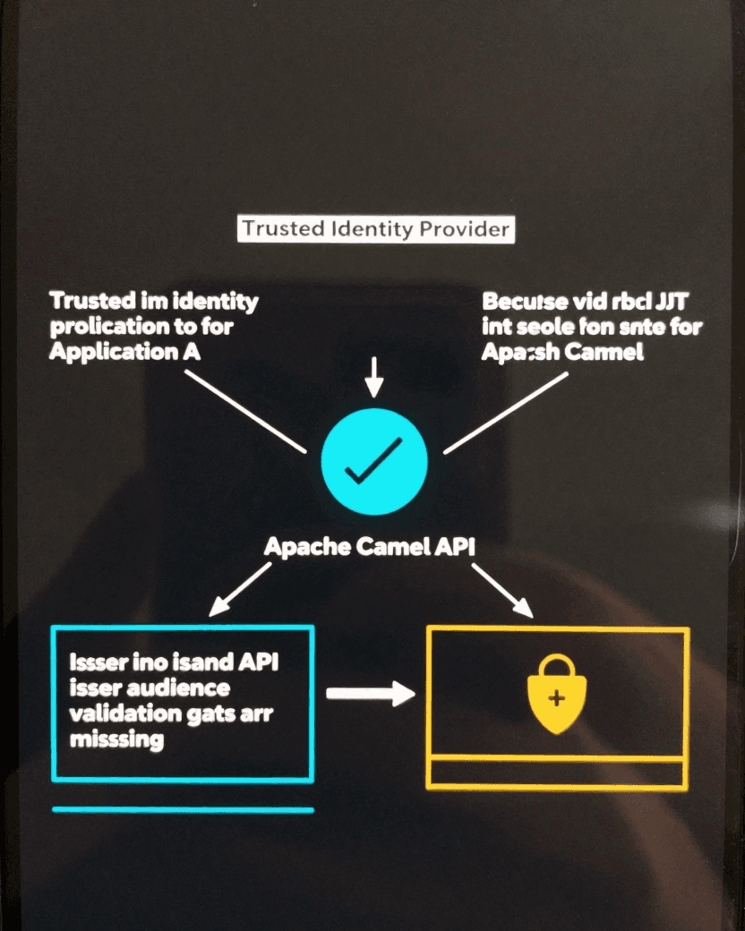 Technical diagram showing a valid JWT issued for one application being accepted by a different Apache Camel API because issuer and audience validation are missing