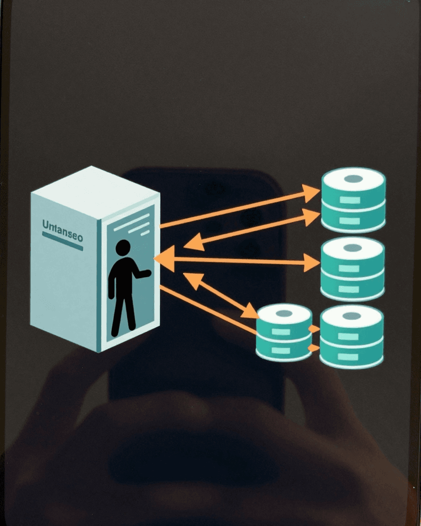 Technical diagram of a business intelligence server standing between the public internet on the left and a group of production database cylinders on the right. One arrow from an anonymous attacker figure on the internet side reaches the BI server, and from the BI server several arrows fan out to every database cylinder, showing a single entry point reaching many separate data stores.