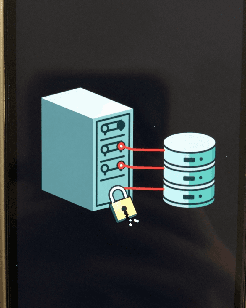 Technical illustration of an application server drawn as a box containing a small vault with a row of key icons, each key connected by a line to a different database cylinder outside the box, and a broken padlock at the entrance of the server box.