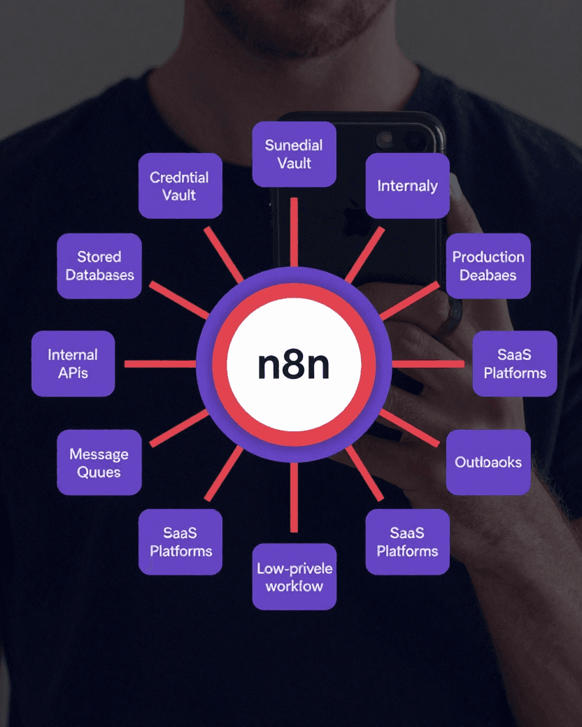 Blast radius diagram showing a compromised n8n main process at the center with access paths to stored credentials, internal APIs, databases, queues, SaaS platforms, and outbound webhooks.