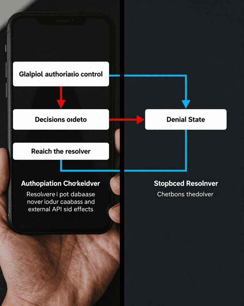 Split technical diagram comparing a vulnerable GraphQL authorization branch with a corrected fail-closed branch