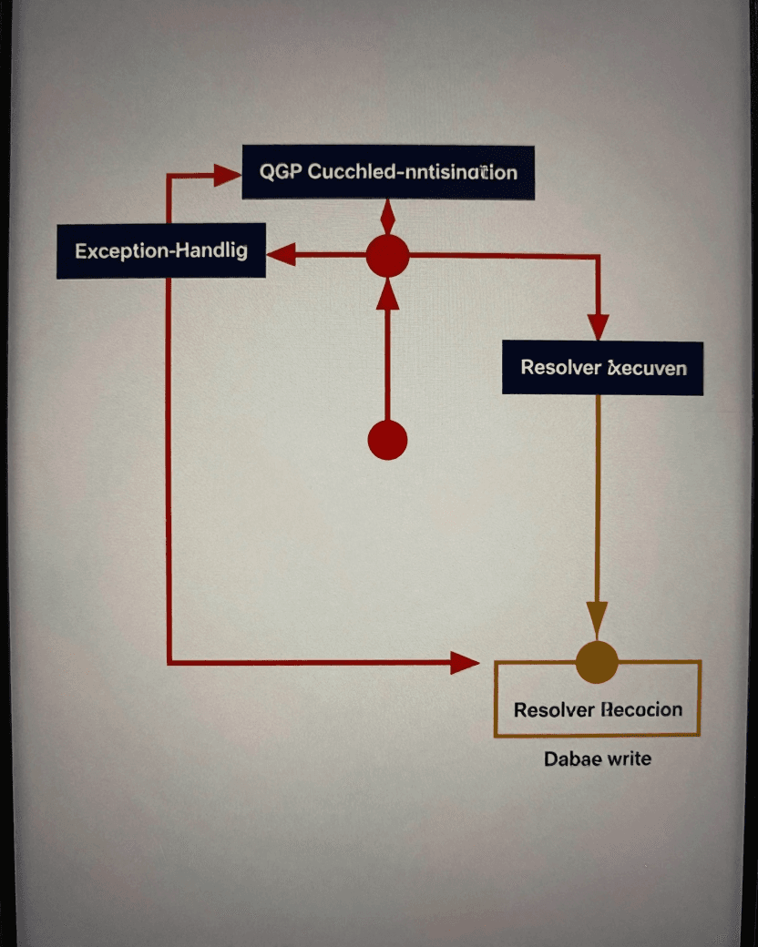 Technical flow diagram showing a denied GraphQL authorization check incorrectly continuing into resolver execution and a database write