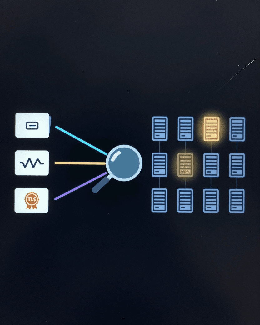 Diagram showing a scanner matching a favicon hash, a TLS fingerprint and a certificate signature against an indexed grid of internet hosts