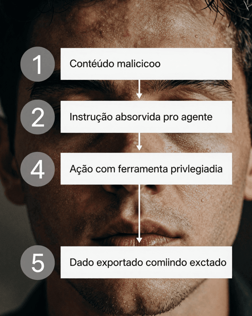 Diagrama com quatro passos numerados representando a cadeia de um ataque de prompt injection: conteúdo malicioso, instrução absorvida pelo agente, ação com ferramenta privilegiada, dado exportado ou comando executado.