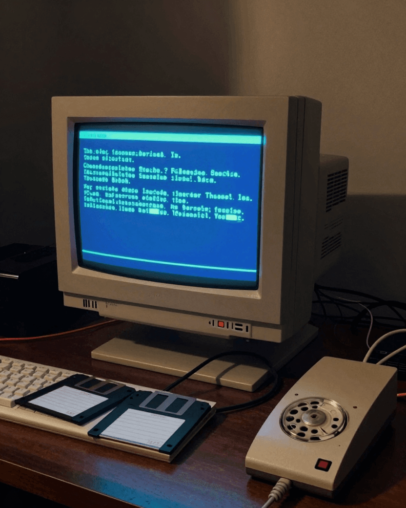 A retro 1990s CRT computer monitor displaying a classic blue error screen, surrounded by floppy disks, a dial-up modem, and tangled cables on a desk, moody dark background with cyan and blue accent lighting, technical illustration style, no embedded text