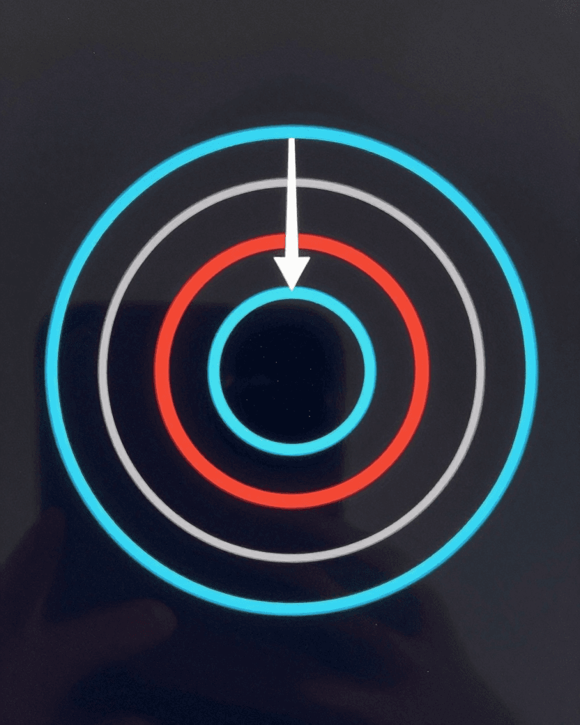Technical diagram of concentric privilege rings around a computer processor chip, an arrow piercing from the outermost ring into the innermost ring, dark tech background, blue and red accent lighting, clean vector illustration style, no embedded text