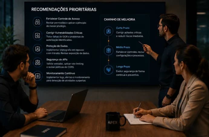 Cena ilustrativa de especialistas colaborando em uma avaliação de segurança